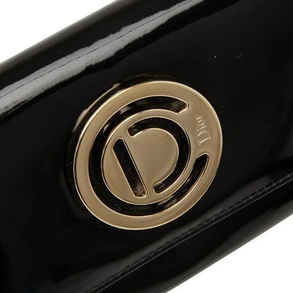 Dior Patent Leather Logo Chain Long Wallet Black